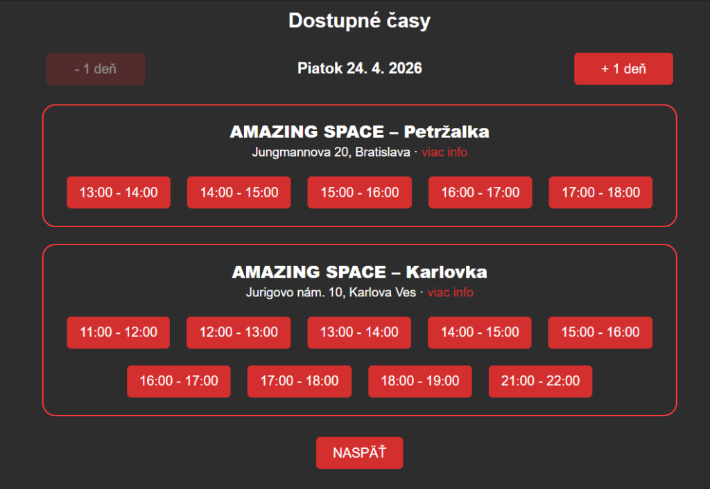 Dostupné časy hudobnej skúšobne Amazing Space Bratislava Petržalka a Karlova Ves online rezervácia